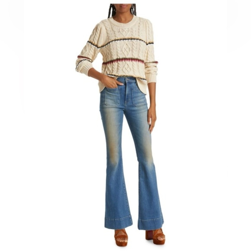 VERONICA BEARD Bruna striped cable-knit cotton-blend sweater in Ecru size medium